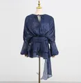 Elegant navy blue pleated long sleeve dress with waist tie detail for women - Navy Blue