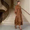 Elegant brown French style evening midi dress featuring a pleated waist and layered skirt - S / Dresses / Coffee
