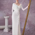 Elegant white long-sleeved pleated dress with slim fit design and draped texture. - S / Dresses / White