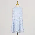 Close-up of exquisite 3D fabric flowers with delicate pearl centers on a light blue dress. - S / Dresses / Blue