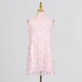 Elegant pink sleeveless mini dress with 3D floral appliques and pearl details for summer. - S / Dresses / Pink