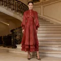 Elegant French style evening dress in copper red with pleated waist and tiered skirt. - S / Dresses / Red