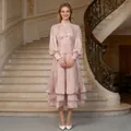 Elegant French style dusty rose party dress with cinched waist and layered tiered skirt - S / Dresses / Pink