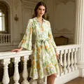 French style floral shirt dress with ruffled sleeves for elegant summer vacation wear - S / Dresses / Green