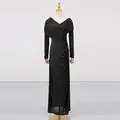 Elegant minimalist black long sleeve pleated maxi dress for formal evening galas - S / Dresses / Black