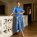 Elegante vestido maxi francés de estilo pastoral con rayas azules, flores y cinturón de cuerda - Talla única / Vestidos / Azul