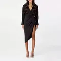 Elegant long sleeve black V-neck high waist midi dress featuring asymmetrical split hem - S / Dresses / Black