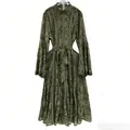 Elegant olive green floral lace maxi dress with long bell sleeves and adjustable waist tie - S / Dresses / Green