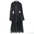 Elegant black lace long sleeve maxi dress featuring a waist tie and bell sleeves - S / Dresses / Black