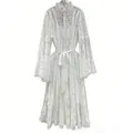 Elegant white floral lace long-sleeved maxi dress with adjustable waist tie belt - S / Dresses / White