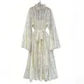 Elegant white floral lace long sleeve maxi dress with adjustable waist tie belt - S / Dresses / Apricot