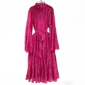 Elegant magenta fuchsia floral lace maxi dress with long bell sleeves and waist tie - Rose Red