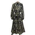 Full view of elegant black and gold metallic patterned long dress with tie-waist detail. - S / Dresses / Black & Gold