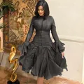 Elegant charcoal grey long-sleeved dress with ruffled cuffs and pleated skirt details - S / Dresses / Black