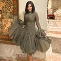 Elegant olive green midi mermaid dress featuring sheer sleeves and a layered ruffled tulle skirt - S / Dresses / Army Green