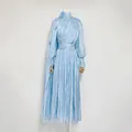 Elegant French style pleated light blue maxi dress with long bishop sleeves and flowers - S / Dresses / Blue