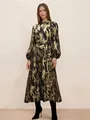 Elegant long-sleeved midi dress with gold and black abstract pattern and matching belt. - S / Dresses / Coffee Gold