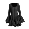Elegante vestido negro de cuello cuadrado con volantes y botones para mujeres - S / Vestidos / Negro