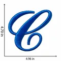 Blue cursive letter C embroidery patch detail showing dimensions of 4.7cm by 4.96cm - Letter C
