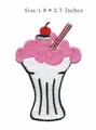 Close-up view of a pink milkshake embroidered iron-on patch with size dimensions 1.8x2.7 inches - 4.5cmx6.8cm