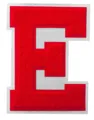 Detail macro view of a red chenille letter E patch embroidery with white felt backing - Letter E