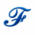 Vista dettagliata della toppa ricamata blu lettera F con trama dei punti e dimensioni - Lettera F