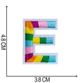 Detailed dimension view of rainbow embroidered letter E patch, 4.8 x 3.8 cm - Letter E