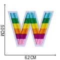 Detailed size measurements for rainbow striped embroidered letter W patch, 6.2cm x 5.0cm - Letter W