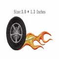 High-quality embroidered car tire with flames iron-on patch, size 3.0 x 1.3 inches. - Flaming Tire Style (HS1312037) / 1 Piece