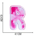 Detail view of tie-dye embroidered letter R patch showing 6.3cm height and 4.1cm width - Letter R