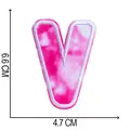 Detail view of pink tie-dye embroidered letter V patch with dimensions 6.6cm x 4.7cm - Letter V