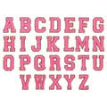 Vista dettagliata delle toppe con lettere in ciniglia rosa con bordo dorato glitter da A a Z - Set di 26 Lettere / Set di 26 / Rosa
