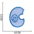 Detailed blue checkered letter C embroidery patch with smiley face and size dimensions - Letter C