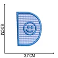 Detailed view of blue gingham letter D embroidery patch with dimensions 5.3 x 3.7 cm - Letter D