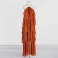 Detailed front view of the elegant tiered orange ruffled halter maxi dress for women - S / Dresses / Orange