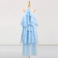 Light blue tiered ruffled halter long dress with elegant flower detail - S / Dresses / Blue