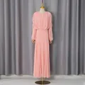 Robe longue rose élégante de style français avec détails plissés et col rond. - S / Robes / Rose