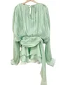 Elegant mint green pleated mini dress with ruffle hem and stylish puff sleeves design - S / Dresses / Green