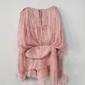 Elegant pale pink pleated mini dress featuring puff sleeves and ruffled mesh hem design - L / Dresses / Pink