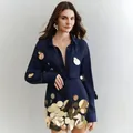 Elegant navy blue long sleeve shirt and gold sequined mini skirt set for women. - S / Top And Bottom / Navy Blue