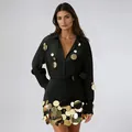Full view of black two-piece set with large gold metallic sequin embellishments - S / Top And Bottom / Black