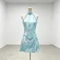 Elegant teal halter neck top and mini skirt set with abstract swirl prints on mannequin - S / Top And Bottom / Light Green