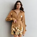 Close-up of elegant long-sleeved top and skirt set with gold paillette details - S / Top And Bottom / Khaki