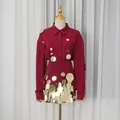 Elegant wine red two-piece set featuring long sleeve shirt and gold sequin mini skirt - S / Top And Bottom / Red