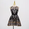 Close-up of vintage floral print and beaded waist tie on a sleeveless mini dress. - S / Dresses / Printed