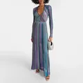 Elegant knit maxi dress featuring colorful vertical stripes and a deep V-neckline. - S / Dresses / Blue