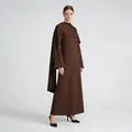 Elegant brown French style long-sleeve maxi dress with cape detail and bead trim - Coffee
