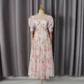 Romantic retro floral dress with sweetheart neckline and tiered midi skirt detail. - S / Dresses / Pink