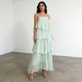 Elegant mint green tiered maxi dress with delicate lace trim and spaghetti straps - S / Dresses / Green
