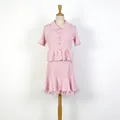 French sweet style pink knit set with POLO collar top and lace trim A-line skirt on mannequin - S / Top And Bottom / Pink